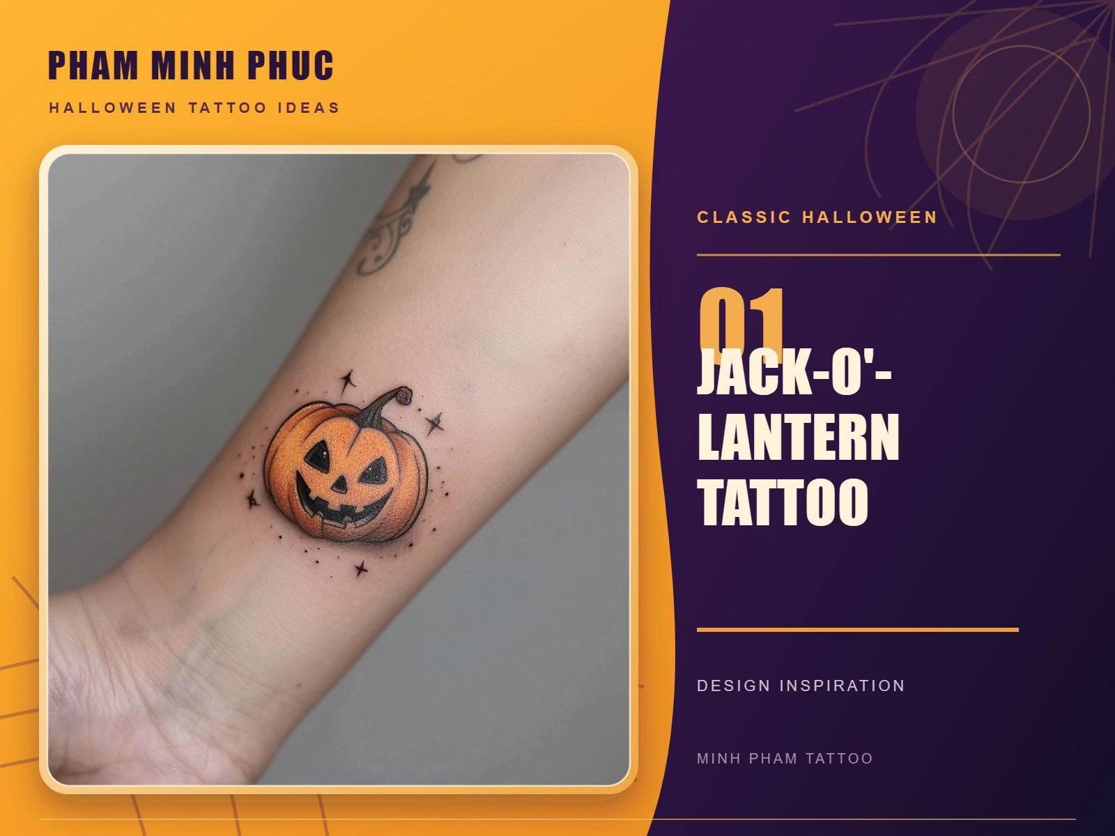 Small orange jack-o'-lantern tattoo with tiny stars on the inner wrist