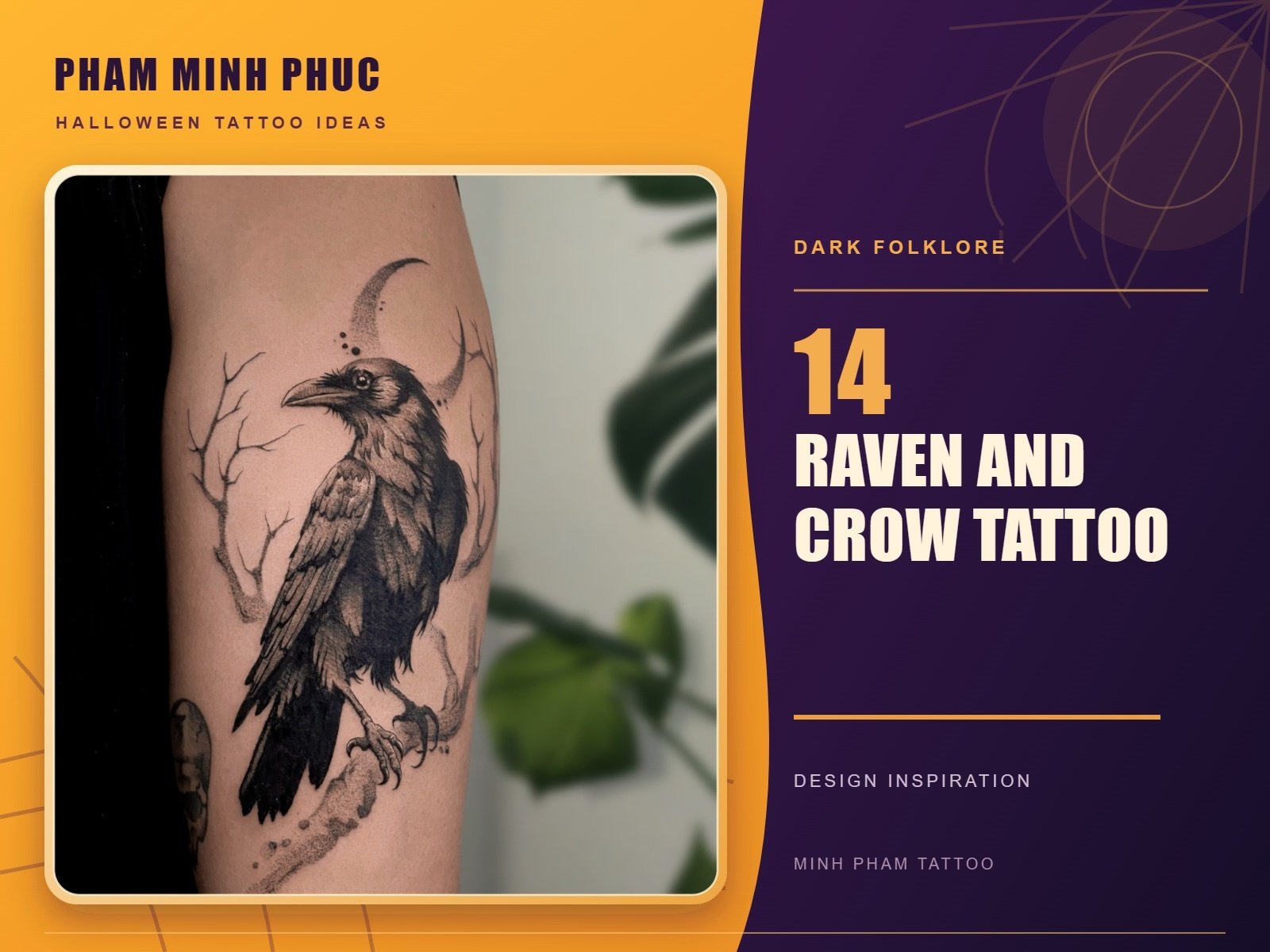 Realistic black and grey raven tattoo perched on a branch with a crescent moon