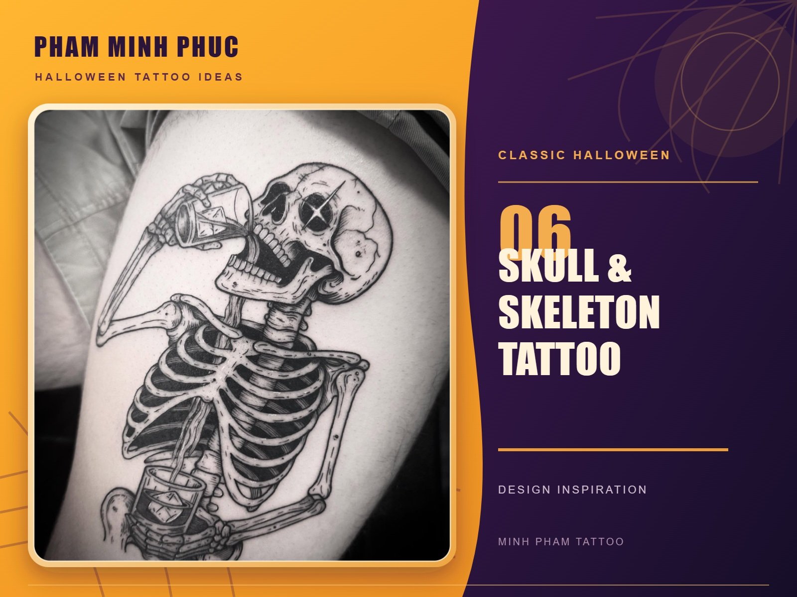 Black and grey skeleton tattoo drinking from a glass on the thigh