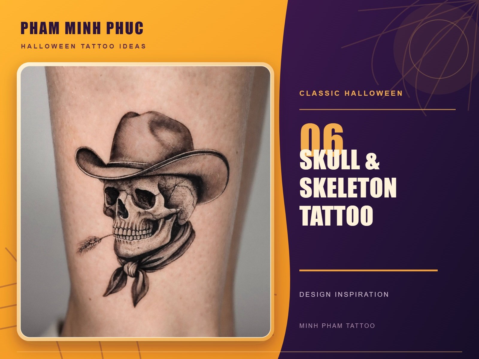Realistic black and grey skull tattoo wearing a cowboy hat and bandana