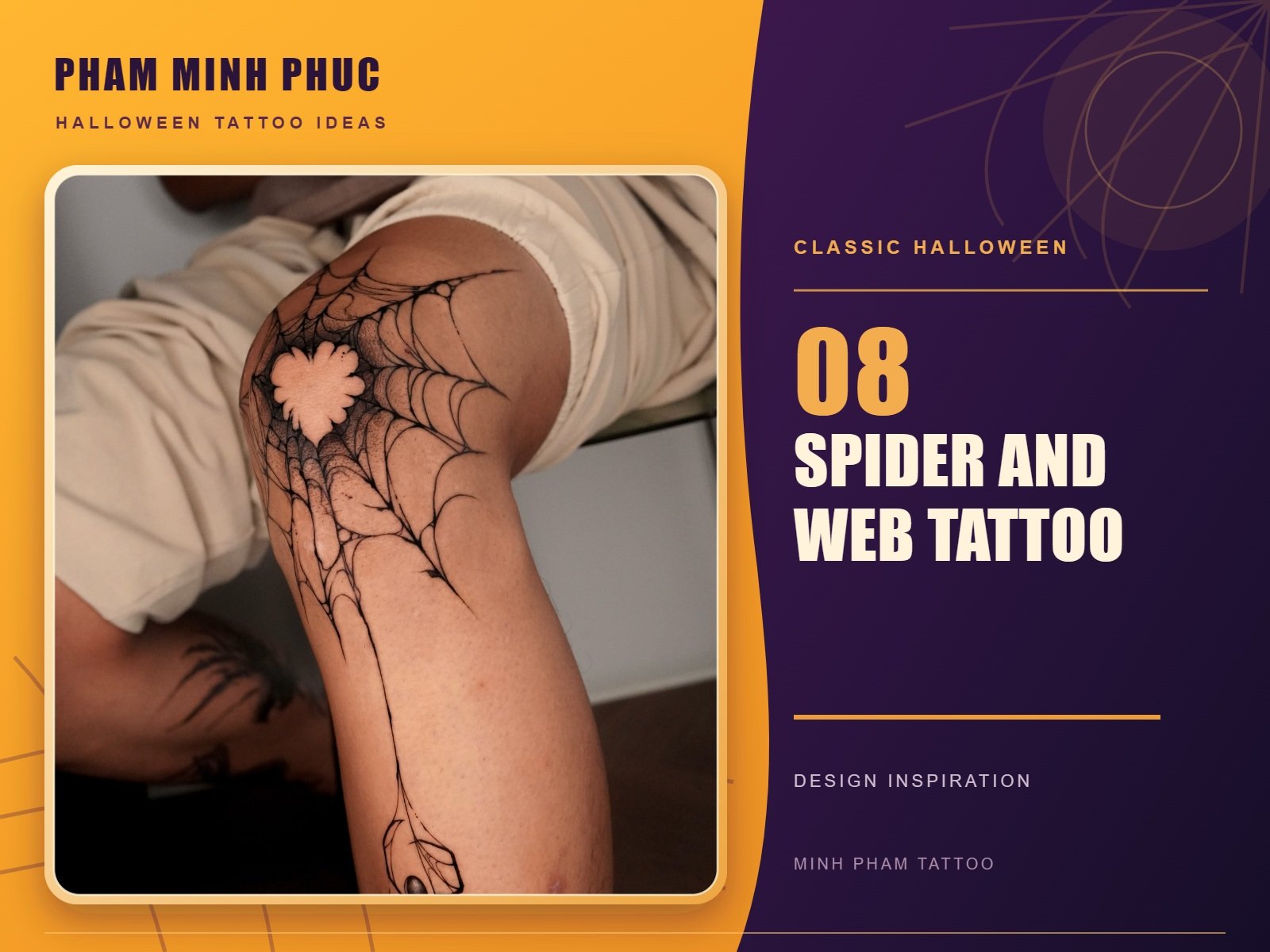 Blackwork spider web tattoo wrapped around the elbow with a hanging spider