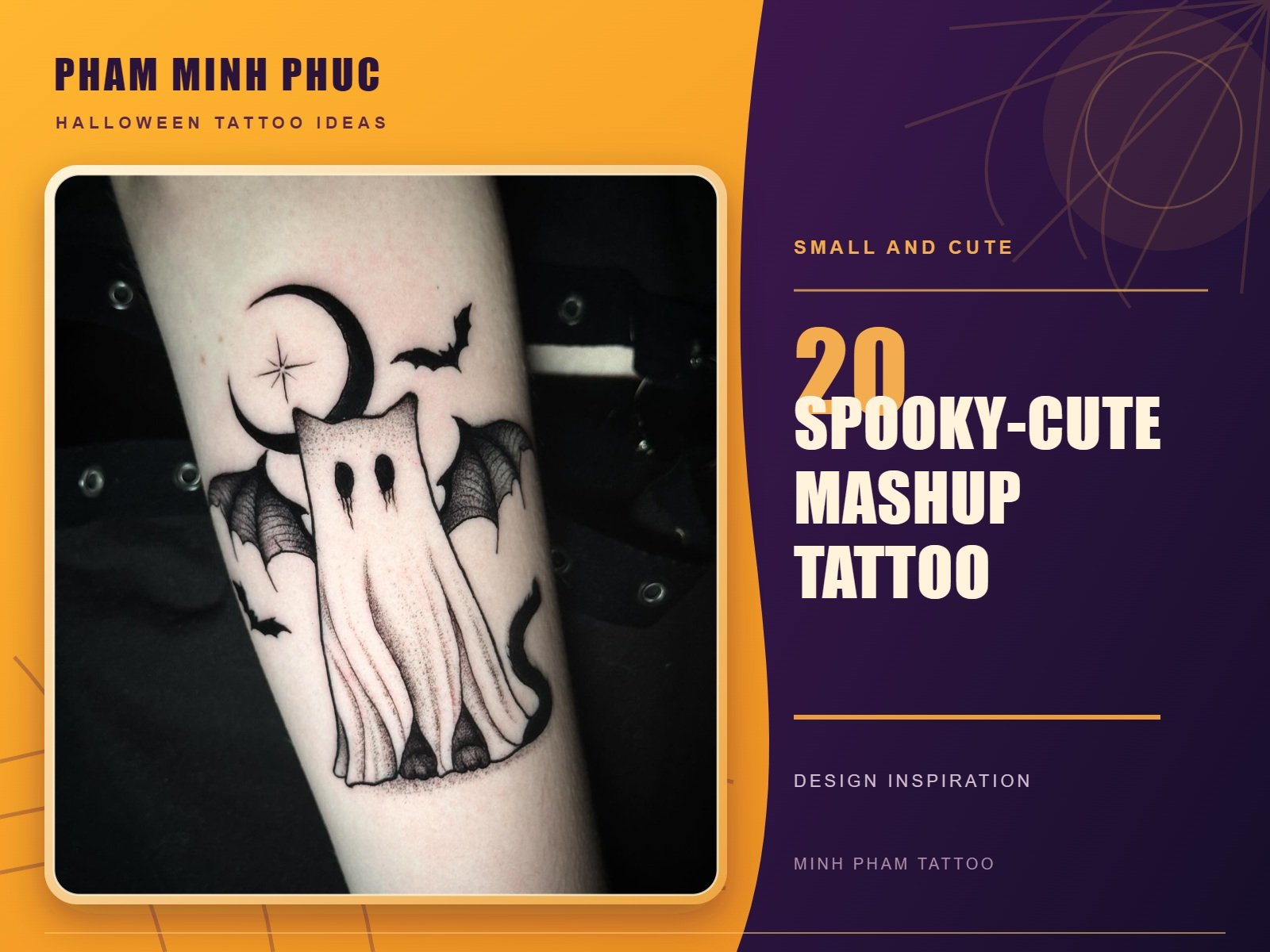 Cute sheet ghost tattoo with bat wings and a crescent moon on the forearm