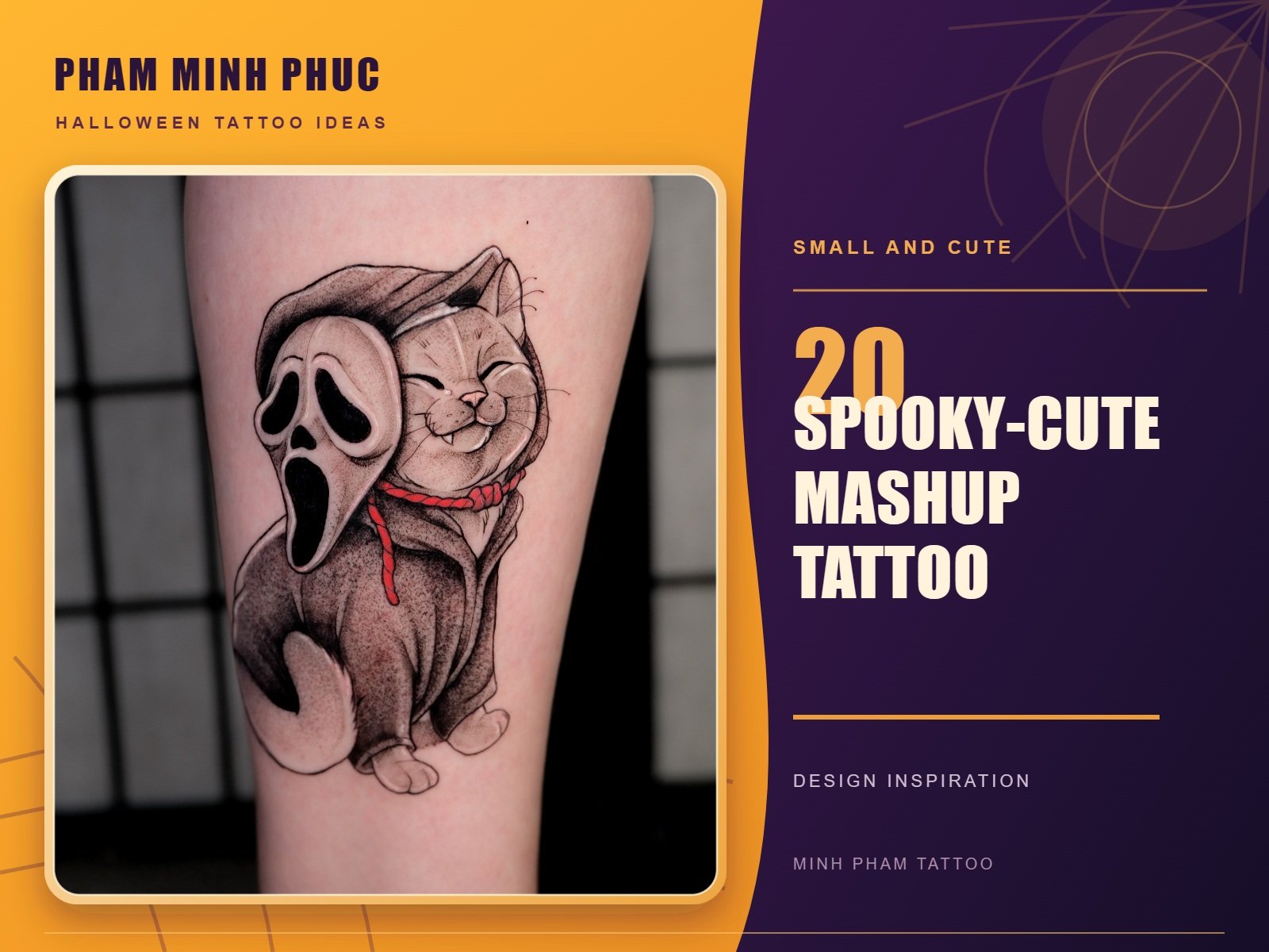Black and grey tattoo of a smiling cat holding a Ghostface mask on the leg