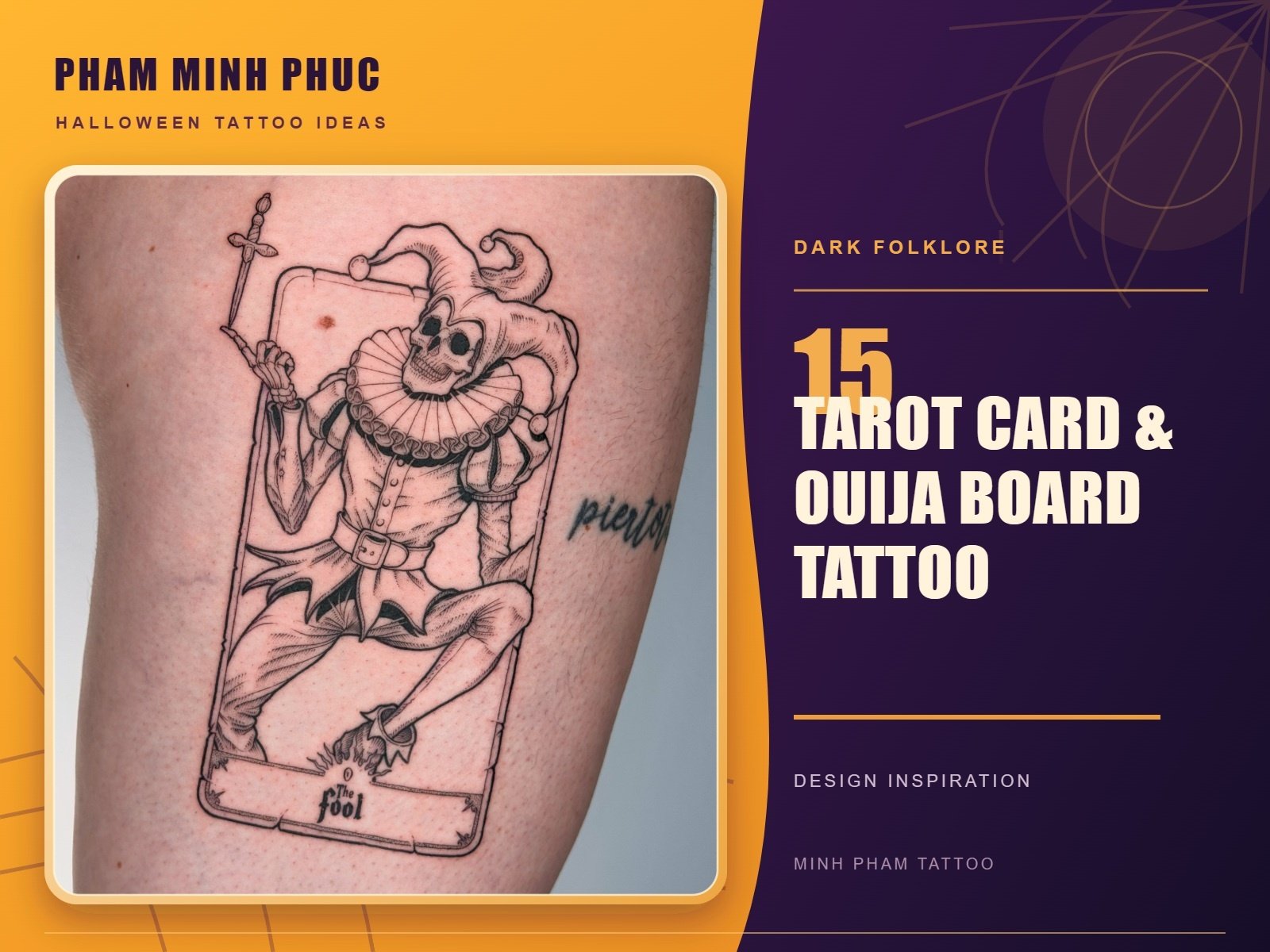 Fine line "The Fool" tarot card tattoo with a skeleton jester