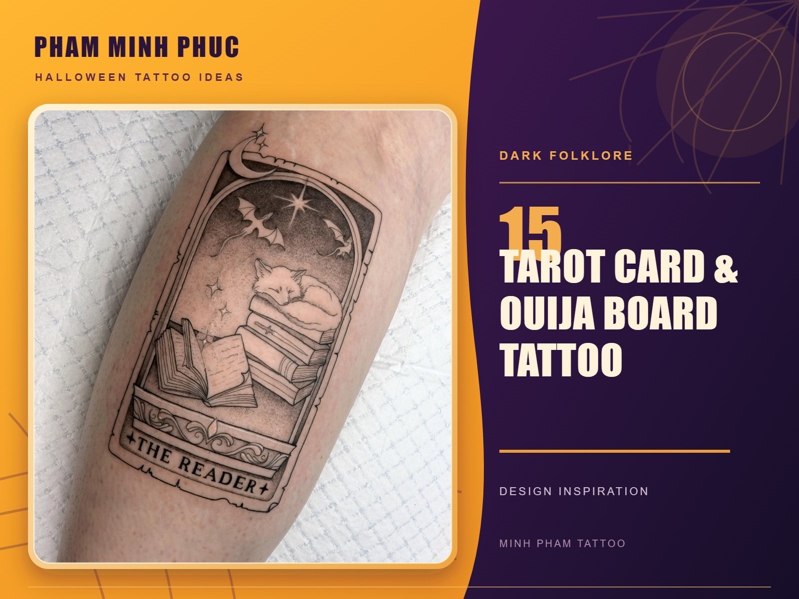 Fine line tarot card tattoo titled "The Reader" with a cat sleeping on books
