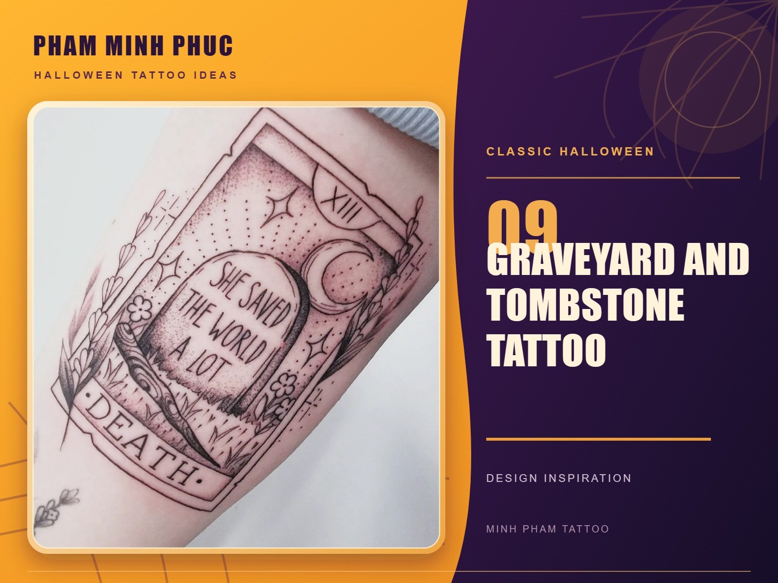 Fine line tombstone tattoo reading "She saved the world a lot" inside a Death tarot card frame