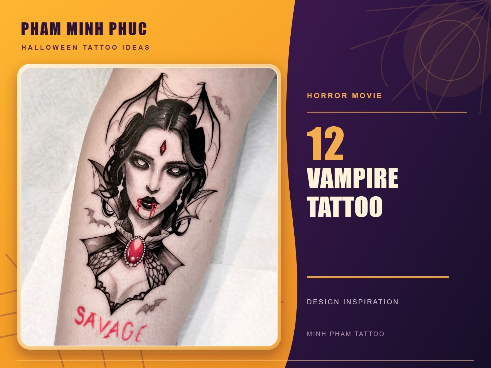 Vampire woman tattoo with a bat-wing collar, red gem, and blood drops on the leg