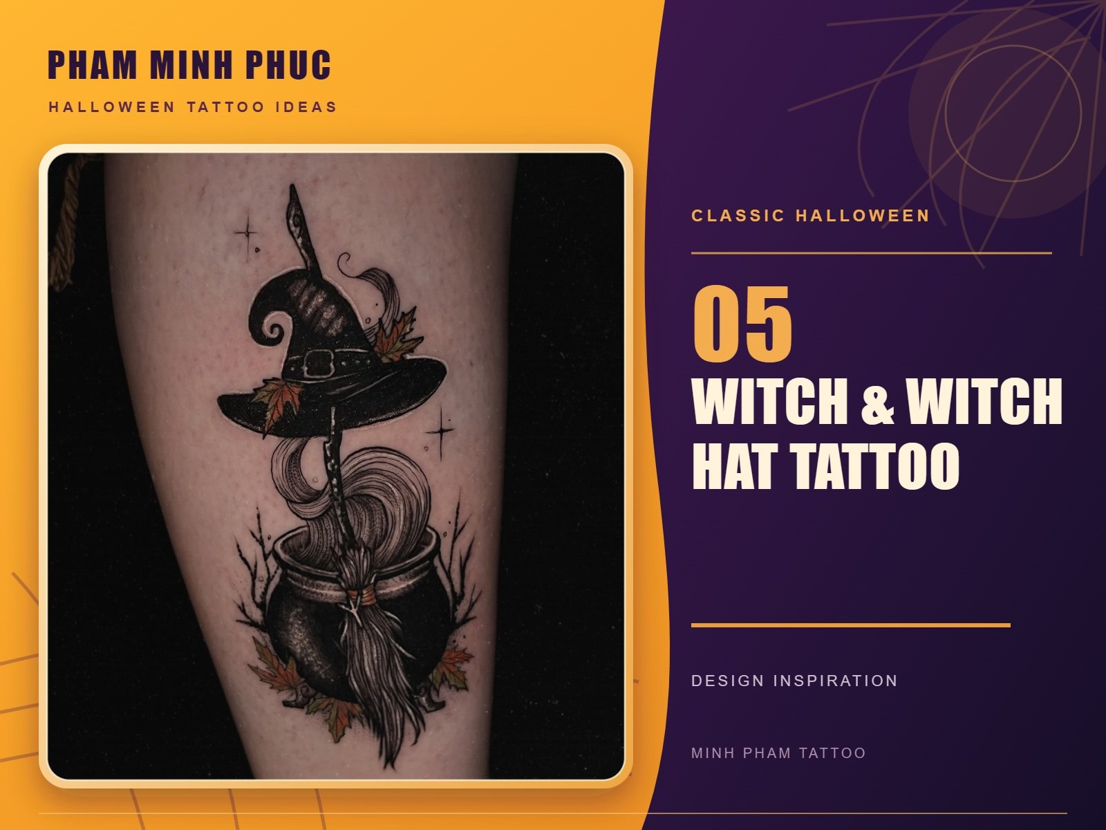 Witch hat, broomstick, and cauldron tattoo with autumn leaves on the leg