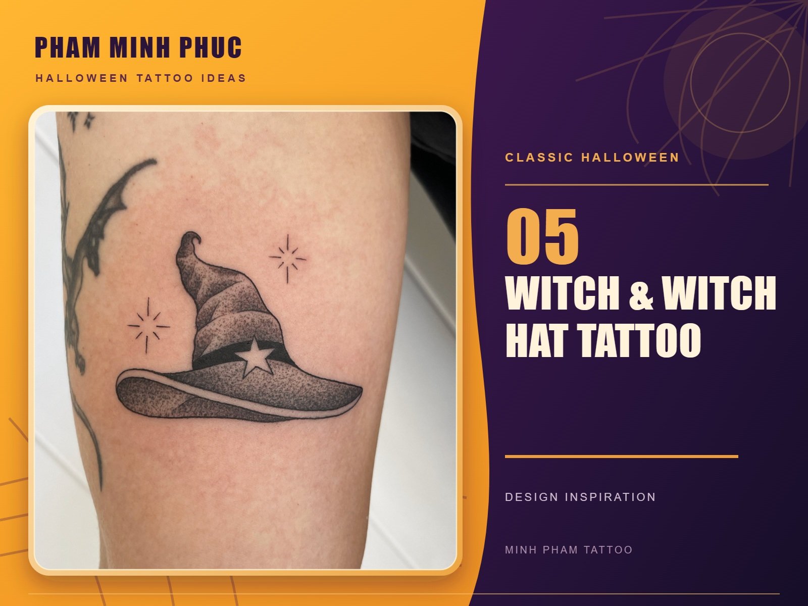 Small dotwork witch hat tattoo with a star and sparkles on the arm