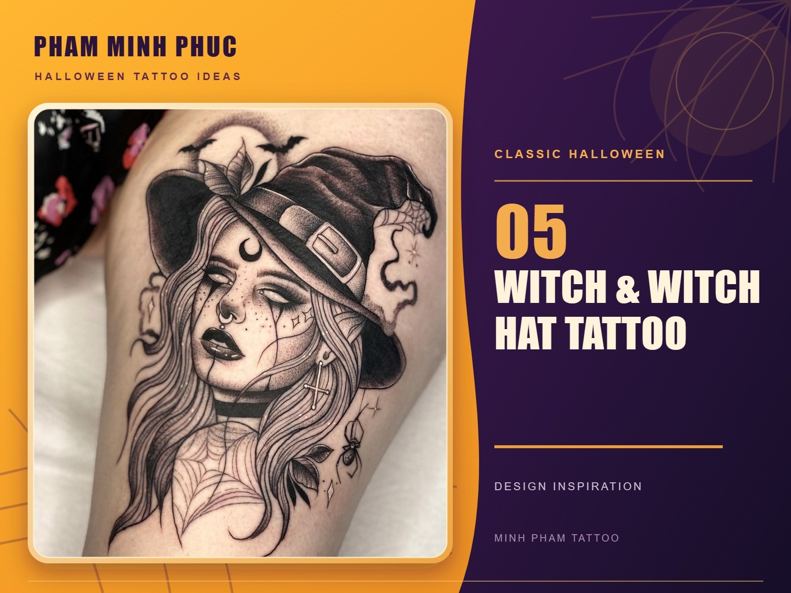 Black and grey witch portrait tattoo with a witch hat, spider web, and bats